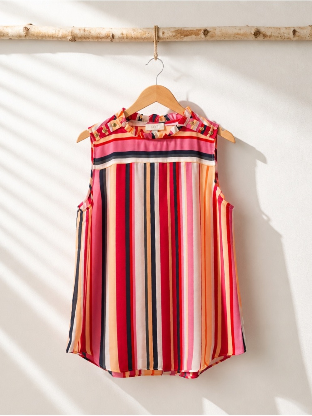 Loft Striped Sleeveless Ruffle Neck Top - Multi
